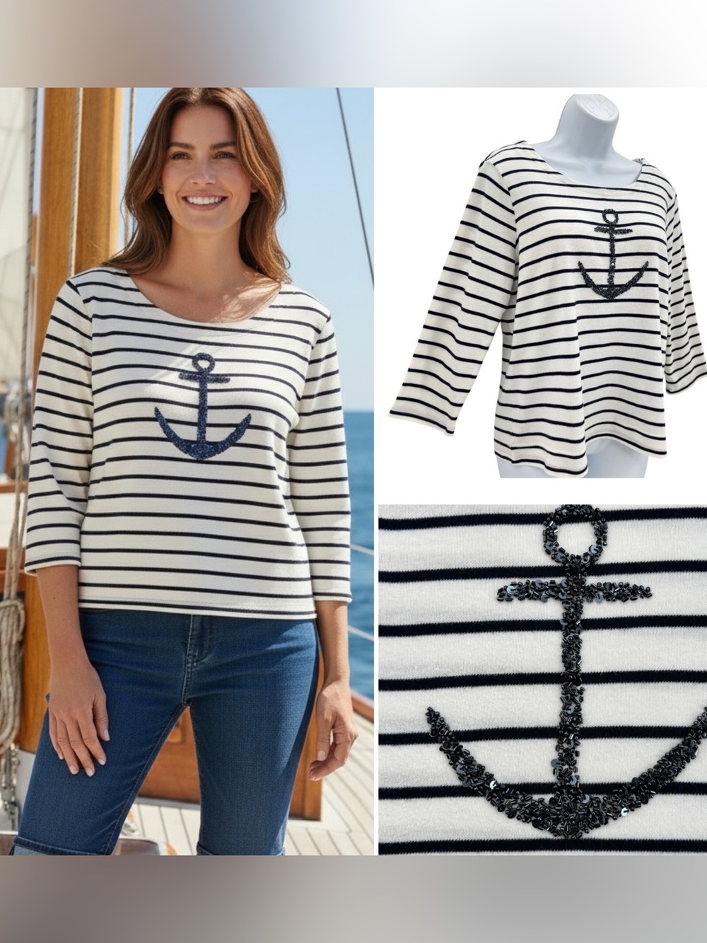 Hasting & Smith Beaded Anchor Blue White Nautical Top Sz. PL Fisherman